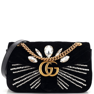 Gucci GG Marmont Flap Bag Crystal Embellished Matelasse Velvet Medium