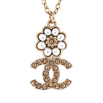 Chanel CC Flower Chain Drop Pendant Necklace Metal with Faux Pearls and Crystals