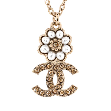 Chanel CC Flower Chain Drop Pendant Necklace Metal with Faux Pearls and Crystals