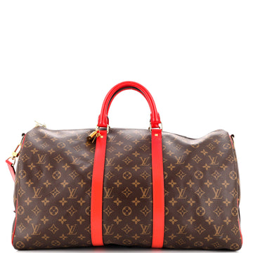 Louis Vuitton Keepall Bandouliere Bag Monogram Canvas with Coquelicot Leather Trim 50