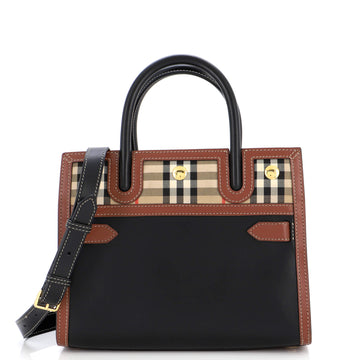 Burberry Title Two Handle Tote Leather with Vintage Check Canvas Mini