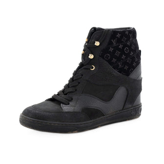 Louis Vuitton Women's Millennium Wedge Sneakers Suede with Monogram  Embossed Fabric Black 2216142