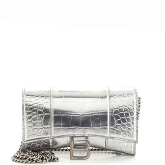 Balenciaga Hourglass Chain Wallet Crocodile Embossed Leather
