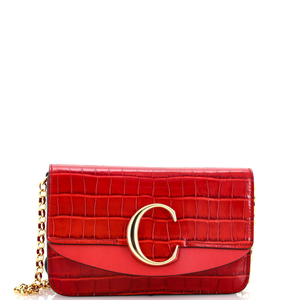 Chloe C Shiny & Suede Crocodile Embossed Leather Clutch With Chain