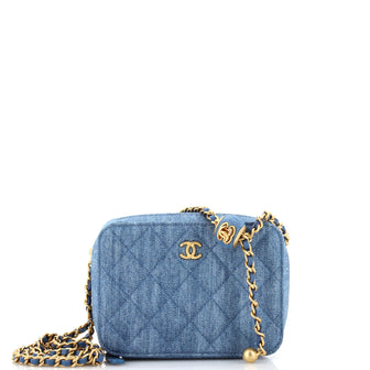 Chanel Pearl Crush Zip Around Vanity Case with Chain Quilted Denim Mini