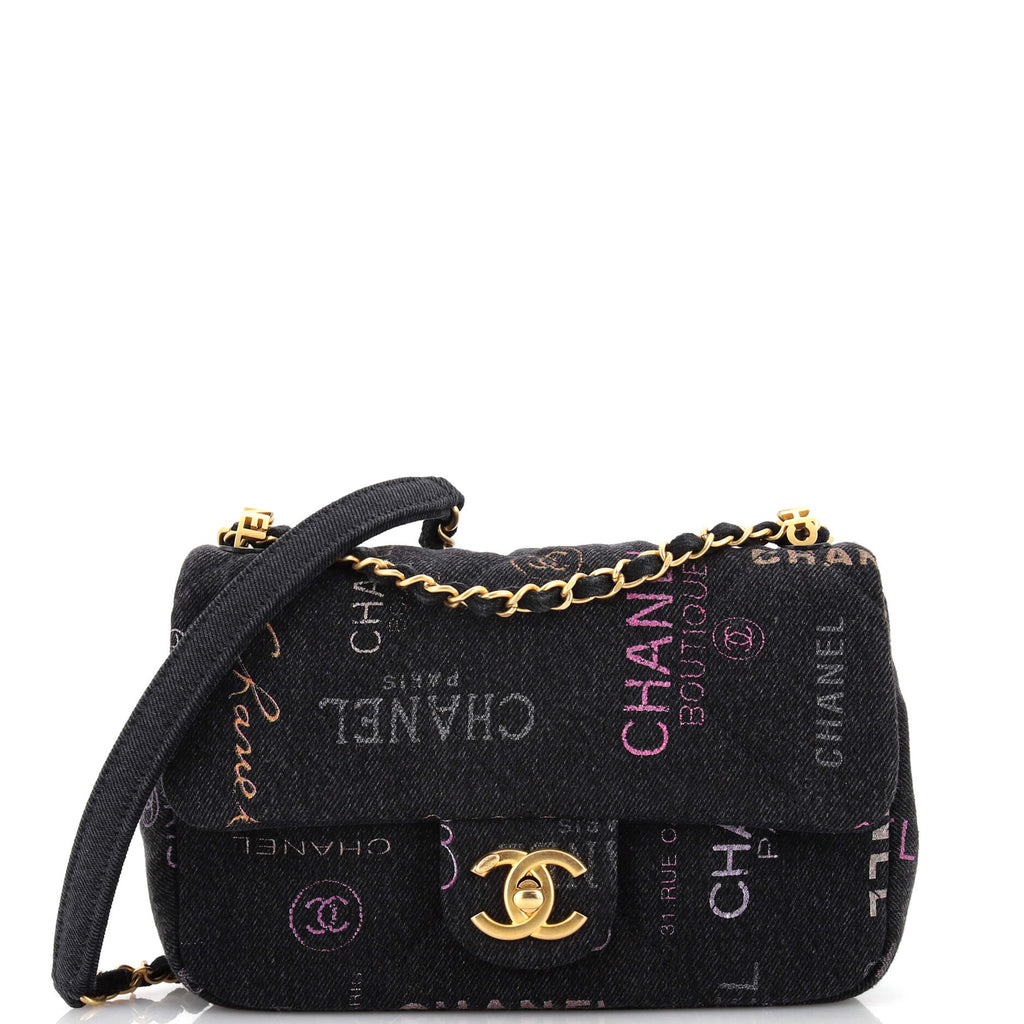 Chanel Denim Mood Flap Bag Logo Printed Quilted Denim Small Black 22175217