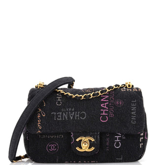 Chanel Denim Mood Flap Bag Logo Printed Quilted Denim Small Black