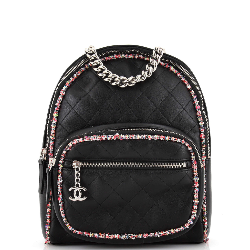 Chanel Elegant Trim Backpack Quilted Leather with Tweed Small