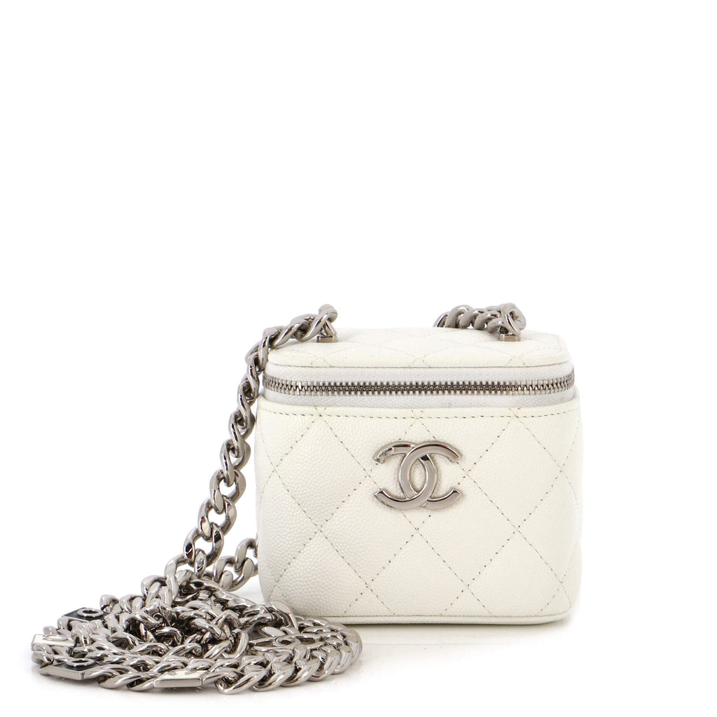 Chanel Coco Enamel Strap Vanity Case with Chain Quilted Caviar Mini White  22175320