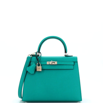 Hermes Kelly Handbag Blue Epsom with Palladium Hardware 25
