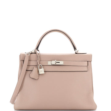 Hermes Kelly Handbag Pink Clemence with Palladium Hardware 32