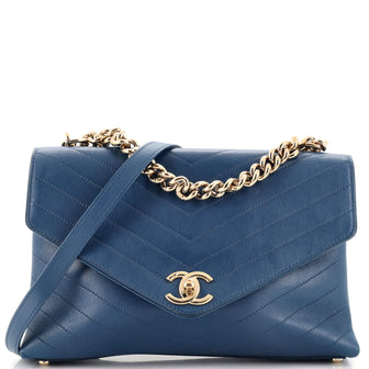 Chanel Coco Chevron Flap Bag Stitched Calfskin Medium Blue 22176340