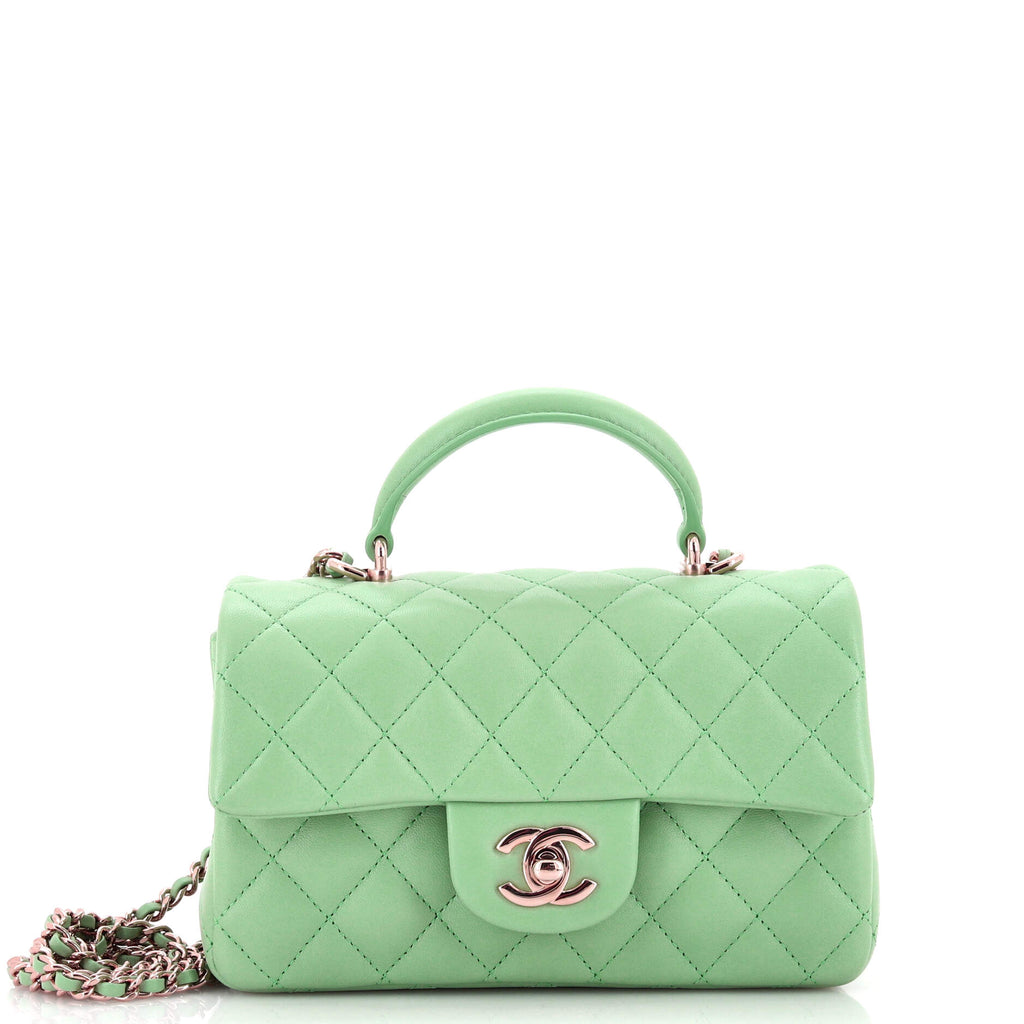 Chanel Classic Single Flap Top Handle Bag Quilted Lambskin Mini Green  221769189