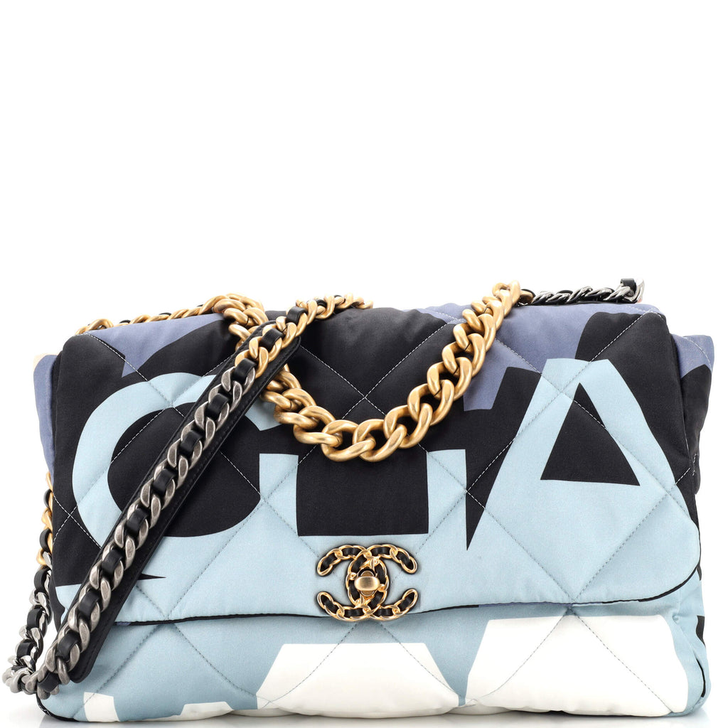Chanel 19 Flap Bag Quilted Printed Silk Maxi Blue 22176918