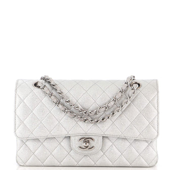 Chanel Classic Double Flap Bag Quilted Metallic Caviar Medium Silver  221769190