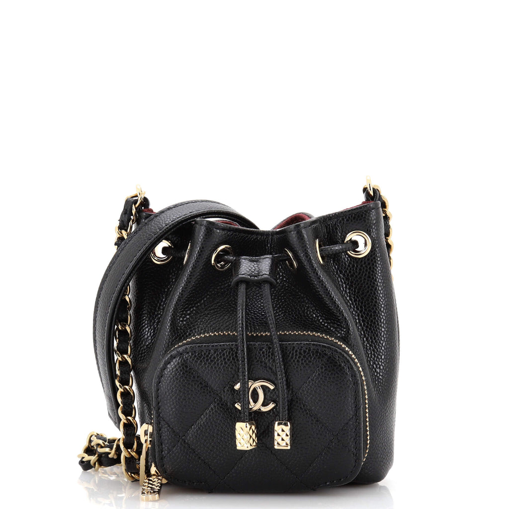 Chanel Business Affinity Drawstring Bucket Bag Quilted Caviar Mini Black  221769258