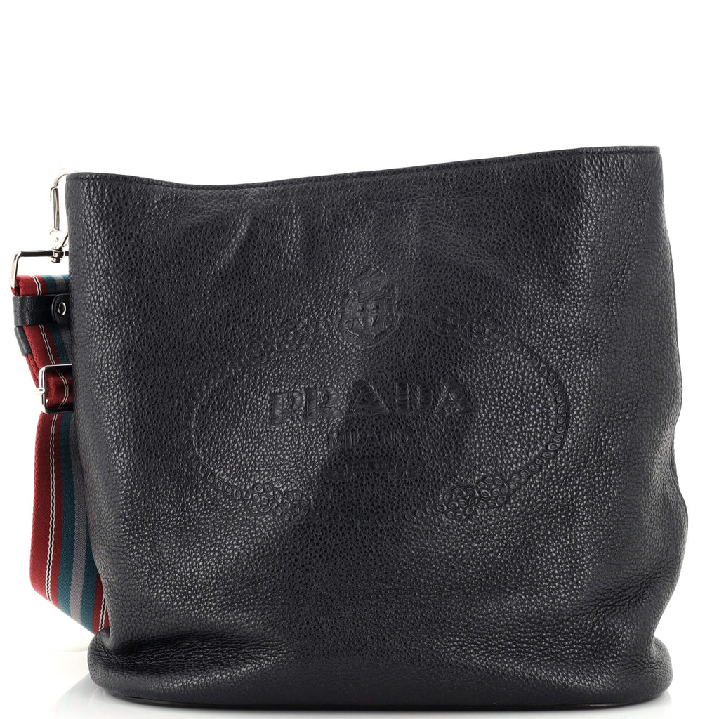 Prada Logo Bucket Messenger Bag Vitello Phenix Medium Black 221769278