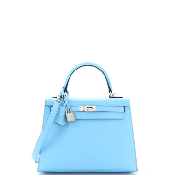 Hermes Kelly Handbag Blue Epsom with Palladium Hardware 25