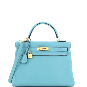 Hermes Kelly Handbag Blue Clemence with Gold Hardware 32