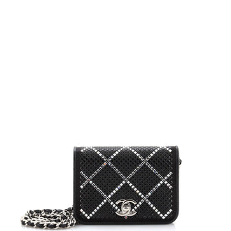 Chanel CC Flap Card Holder on Chain Strass Embellished Satin Mini Black