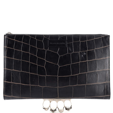 Alexander McQueen Four Ring Zipped Clutch Crocodile Embossed Leather Large
