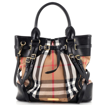Burberry Bridle Whipstitch Tote House Check Canvas Medium