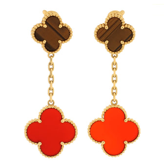 Van Cleef & Arpels Magic Alhambra 2 Motifs Drop Earrings 18K Yellow Gold with Tiger's Eye and Carnelian