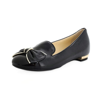 Chanel Women's Cap Toe Bow Flats Leather and Patent with Faux Pearls