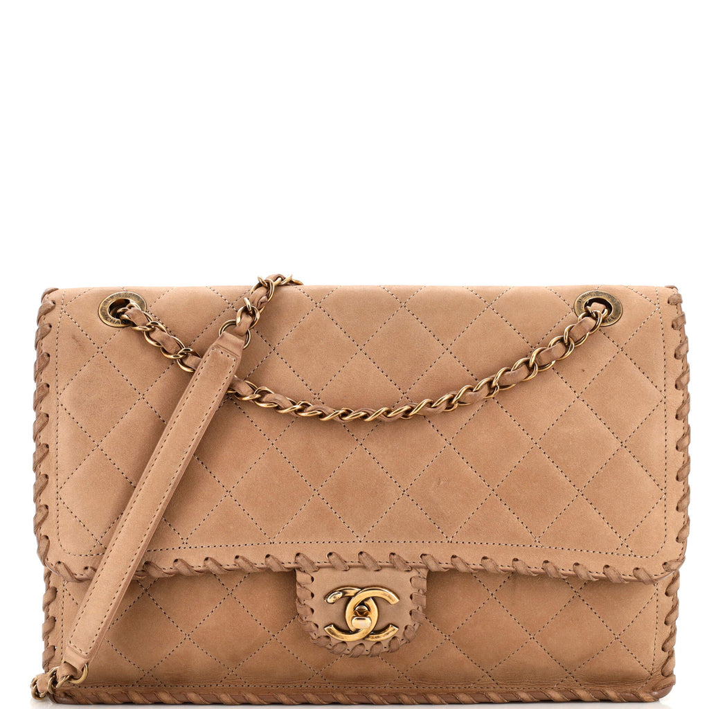 Chanel Happy Stitch Flap Bag Quilted Velvet Calfskin Large Neutral