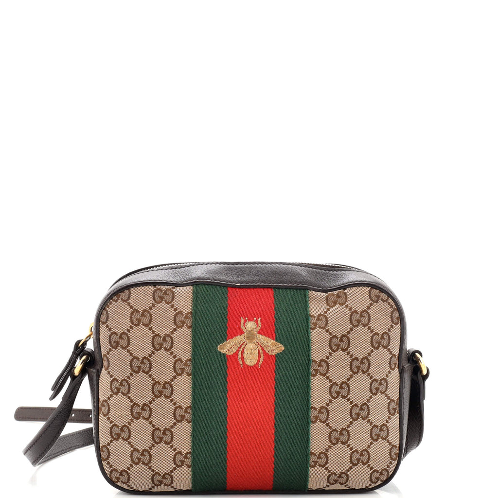 Gucci GG Canvas Web Bee Crossbody Bag - Brown Crossbody Bags