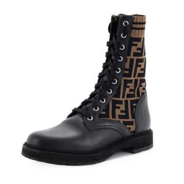 Fendi Women's Rockoko Combat Boots Leather and Zucca Knit Stretch Fabric