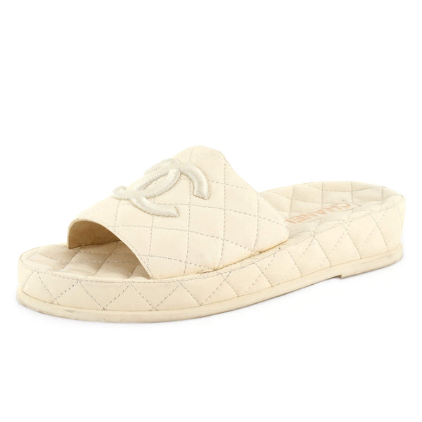 Chanel Women's CC Platform Slide Sandals Quilted Leather White