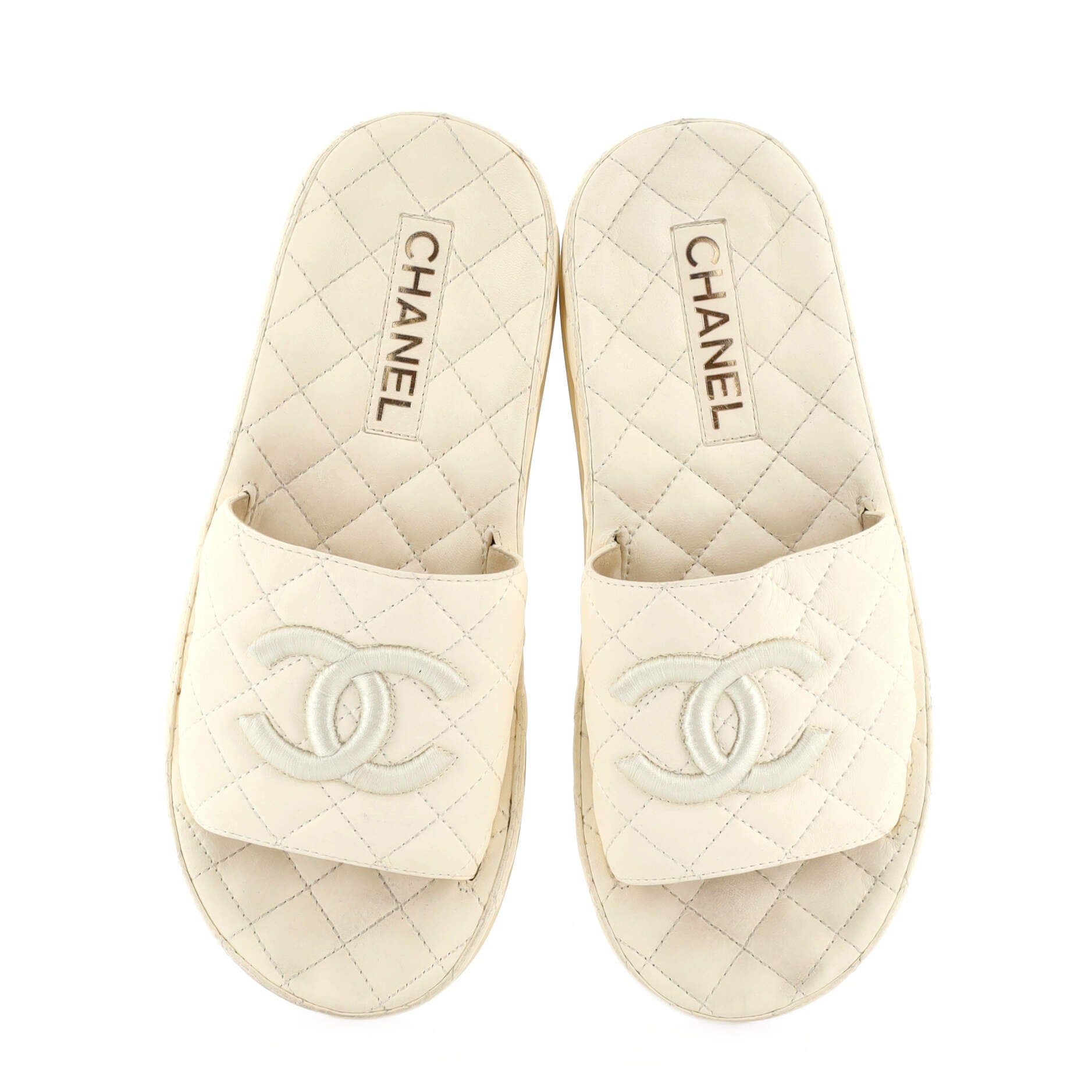 Chanel Women's CC Platform Slide Sandals Quilted Leather White 2224841