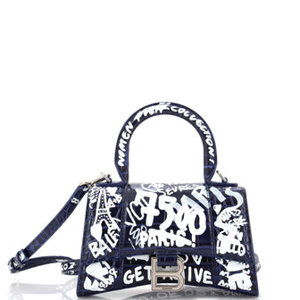 Balenciaga Graffiti Hourglass Top Handle Bag Crocodile Embossed Leather XS