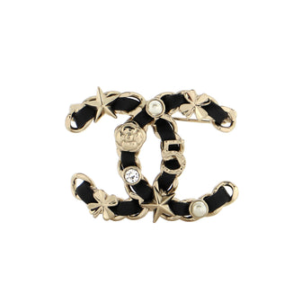 Chanel CC Sergeant Brooch Metal and Leather with Faux Pearls and Crystals