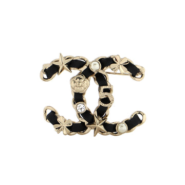 Chanel CC Sergeant Brooch Metal and Leather with Faux Pearls and Crystals