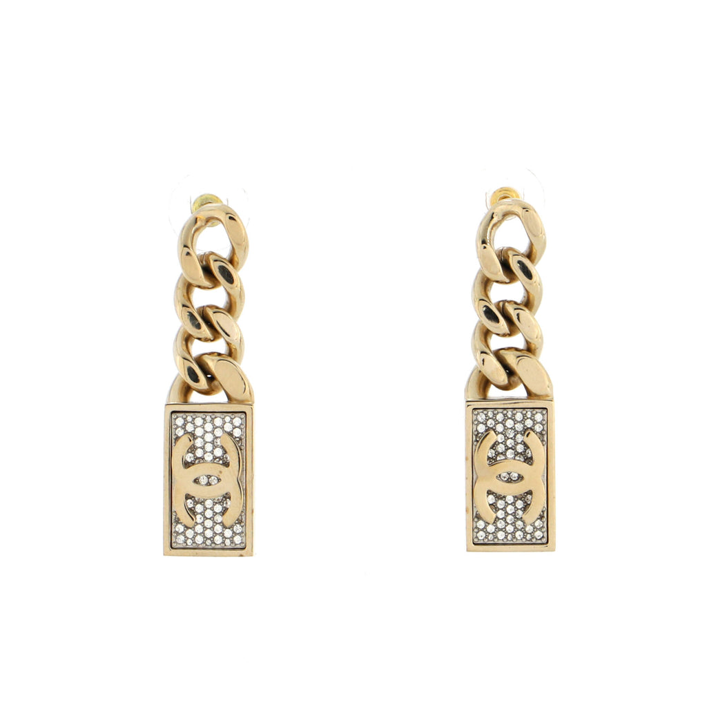 Chanel CC Dog Tag Chain Drop Earrings Metal with Crystals Gold 222827140