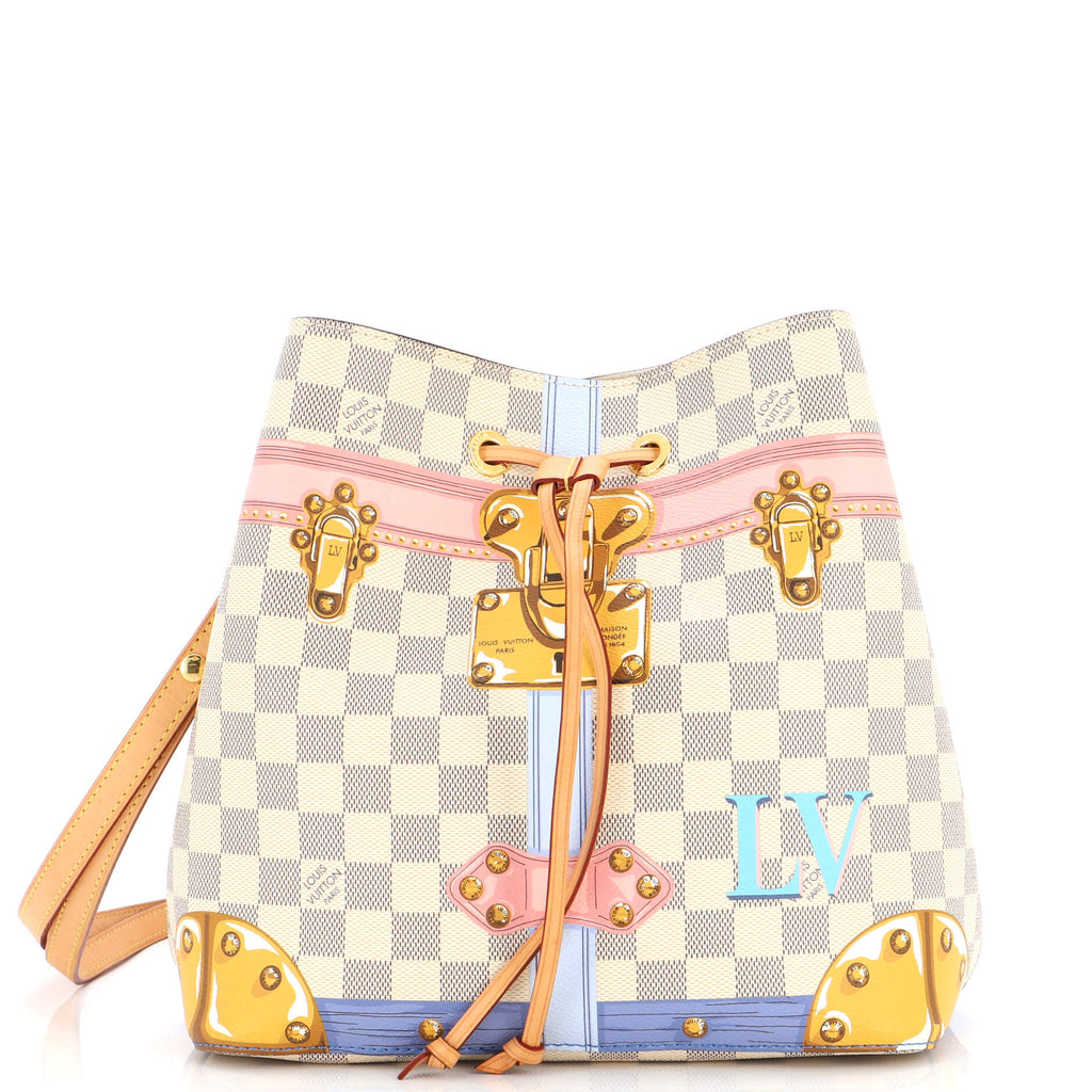 New IN BOX Louis Vuitton SUMMER TRUNKS NEO NOE Damier Azur Handbag, Pink  Strap
