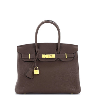 Hermes Birkin Handbag Brown Clemence with Gold Hardware 30
