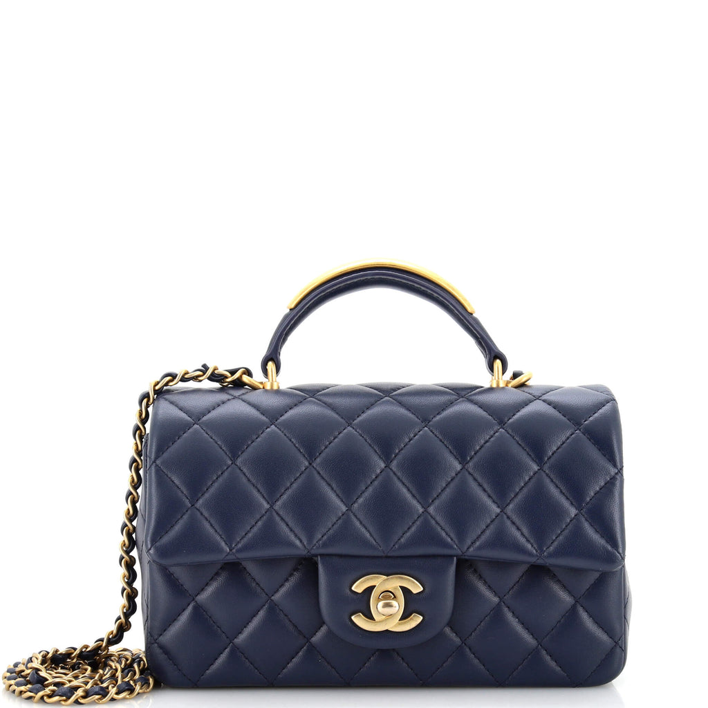 Chanel Classic Single Flap Metal Top Handle Bag Quilted Lambskin Mini Blue  22282726
