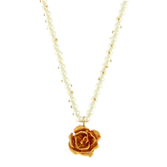 Christian Dior Rose Charm Pendant Necklace Metal with Faux Pearls