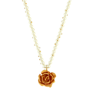 Christian Dior Rose Charm Pendant Necklace Metal with Faux Pearls