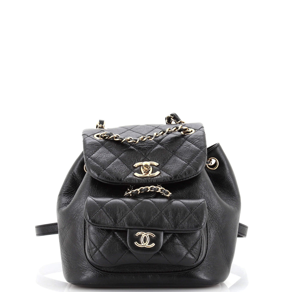 Chanel Duma Drawstring Backpack Quilted Shiny Aged Calfskin Small Black