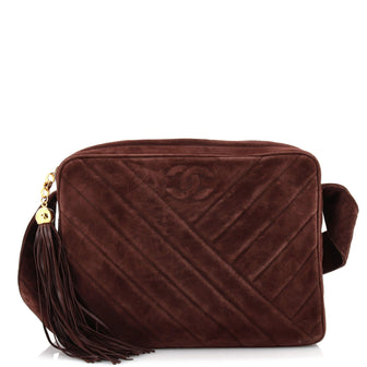 Chanel Vintage Tassel Camera Bag Chevron Suede Medium Brown 22283526