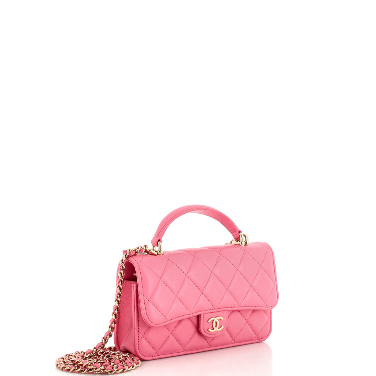 Chanel Classic Single Flap Top Handle Bag Quilted Lambskin Mini Pink