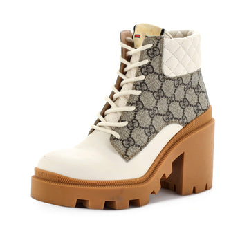 Gucci Women's Lace Up Heeled Ankle Boots GG Coated Canvas with Quilted Leather