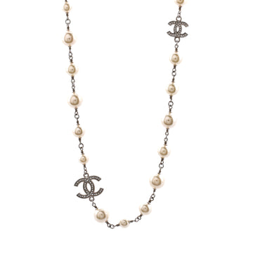Chanel CC Station Long Necklace Metal with Faux Pearls and Crystals