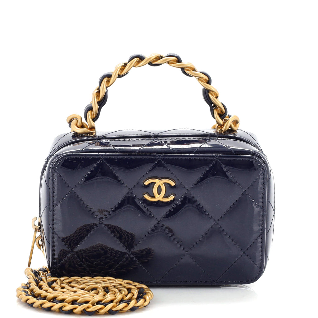 Chanel Woven Chain Top Handle Vanity Case Quilted Patent Mini Blue 2230681