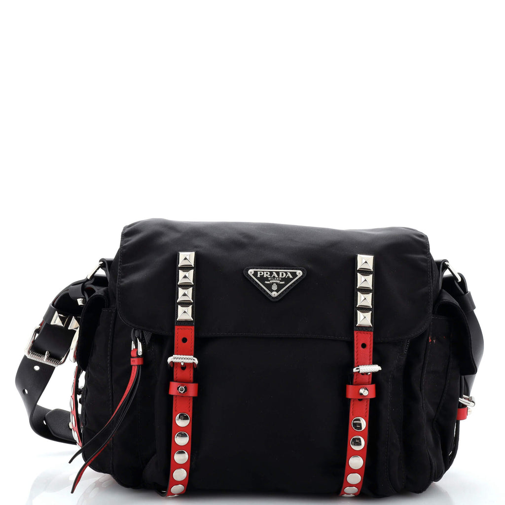 Prada New Vela Flap Messenger Bag Tessuto with Studded Leather