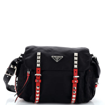 Prada New Vela Flap Messenger Bag Tessuto with Studded Leather Medium